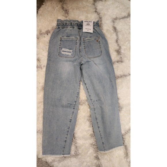 FRAYED Women's Super Rise Crop Utility Jeans Distressed Frayed Hem Tie Waist - Picture 4 of 4